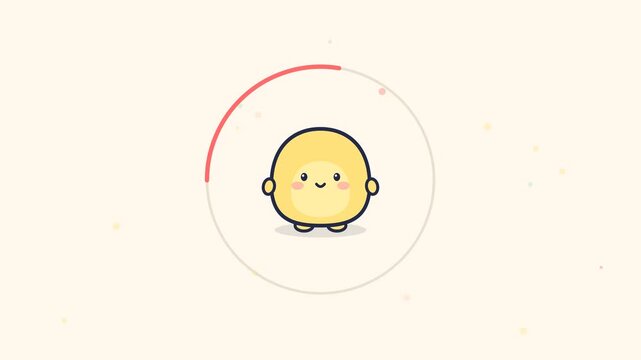 Charming 4K flat cartoon loop of a cute round blob character tracking an orbiting loading ring with joyful squash and stretch hops.