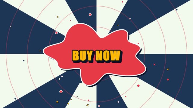 High-contrast retro comic pop art 4K loop with bold Buy Now yellow text on a crimson liquid blob over a cobalt blue sunburst with rings.