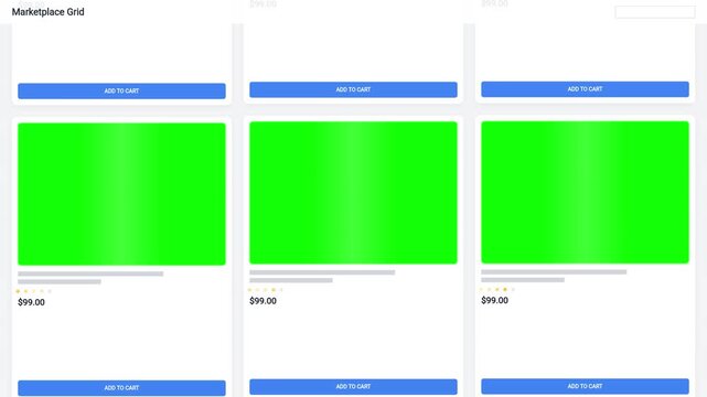 Digital e commerce marketplace interface showing a grid of product listings with green placeholder images and add to cart buttons for online shopping websites.