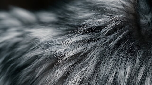 Close up macro shot of soft grey and black animal fur texture.