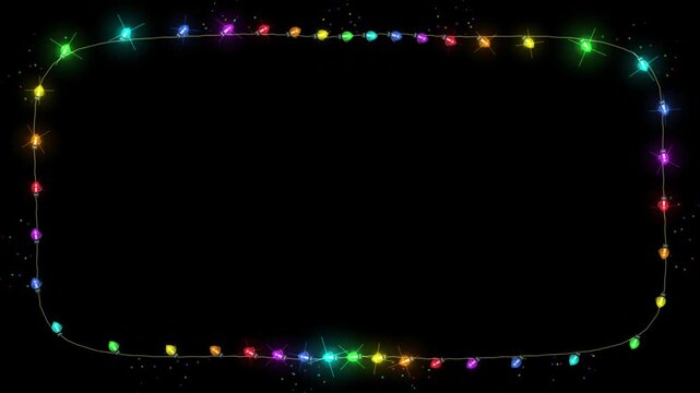 Animated colorful string lights frame glowing in rhythmic pulses against black holiday background.