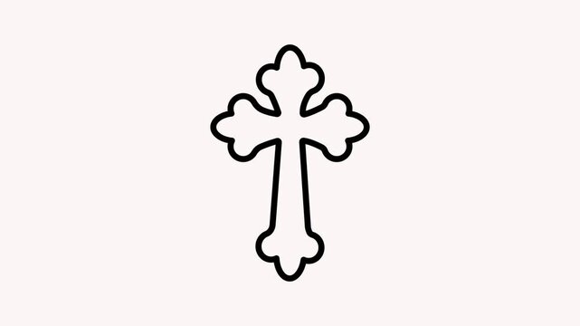 Simple black outline of a stylized Christian cross with rounded lobes on a pale pink background