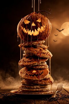 Stack of carved jack-o'-lantern pumpkins dripping honey under full moon, moody Halloween glow night.