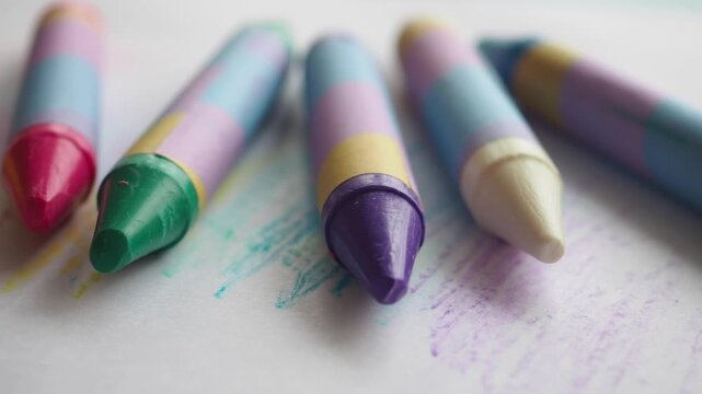 Colorful crayons with pastel stripes lie on white paper with scribbles.