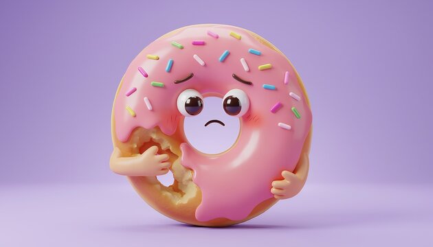 Cute embarrassed donut character self-conscious about its missing bite, funny bashful dessert 3D toy render