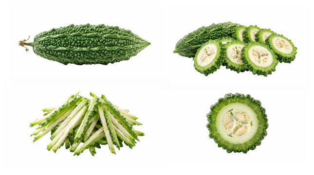 Fresh bitter gourd collection featuring a whole bumpy green vegetable, a group of circular slices with internal seeds, fine julienne matchstick strips, and a sing with transparent background