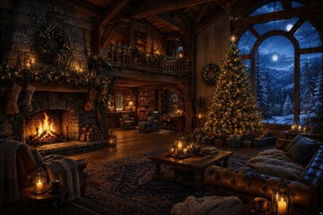 Obraz premium Cozy rustic cabin living room glowing with Christmas warmth