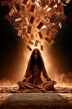 Woman sitting cross-legged in silken robe as glowing tarot cards burst upward in golden sunlit light