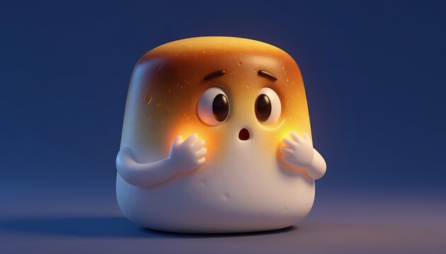 Cute startled toasted marshmallow character with one golden-toasted side, funny campfire dessert 3D toy render