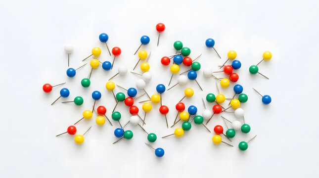 A top-down photograph showing a scattered collection of bright colorful pushpins with round plastic heads and sharp metal points clustered loosely in the center against a plain white background