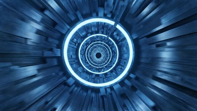 Futuristic blue glowing circular tunnel in motion