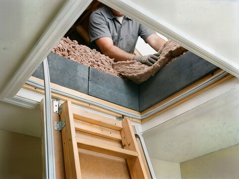 Worker applying insulation material inside attic access with insulation