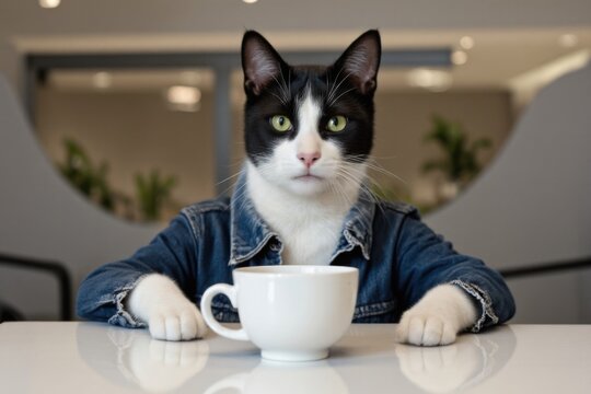Cat Memes Showing a Tuxedo Cat in a Blue Sweater Enjoying Coffee at Home