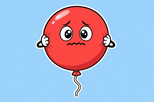 Funny nervous party balloon cartoon character worried about popping, cute birthday sticker illustration 