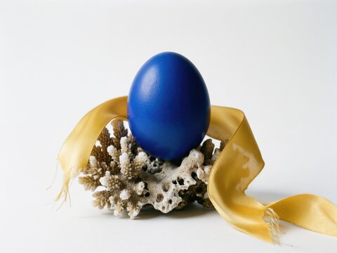 Blue egg resting on coral piece wrapped with yellow ribbon on white surface.