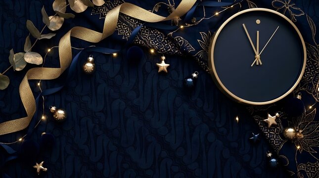 Luxury Christmas clock with gold ribbon on dark blue background