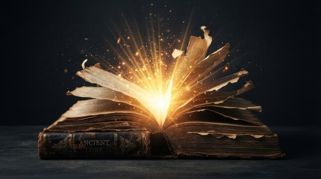 Old magic book opening with glowing light and floating golden sparks in dark room