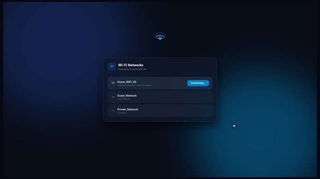 Wi-Fi Network Connection Animation from One to Three Signal Bars, Multiple Available Networks and Connecting to Selected Wi-Fi Network, Wireless Internet, Router Signal, Connectivity and Digital Techn