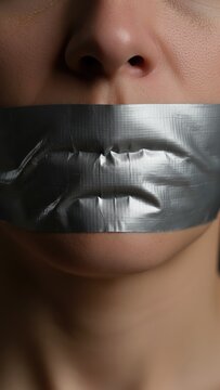 Woman Mouth Sealed with Duct Tape Close Up
