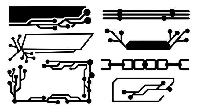 Black circuit board frames with triple parallel line divider, chain link separator, trapezoid banner, parallelogram border and tree branch bracket for futuristic video and social media overlays