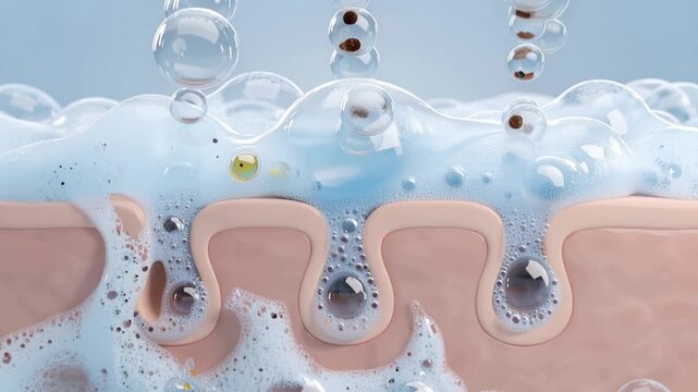 3D animation showing deep pore cleansing with foaming bubbles removing blackheads, excess oil, and impurities from skin pores, 4K video