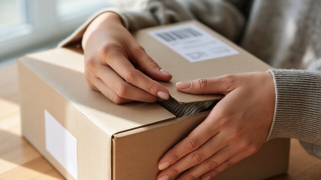 Close up of hands opening a cardboard shipping box with a label