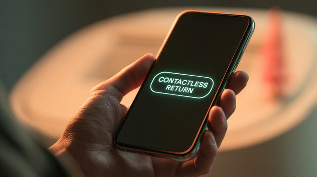 Hand holding smartphone with glowing contactless return button on screen