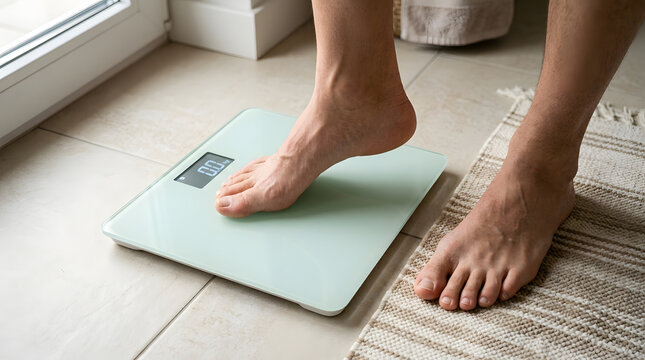 Person stepping on electronic digital weighing scale to measure body weight in bathroom.