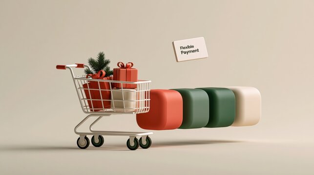Shopping cart with gifts and floating payment option on colored blocks