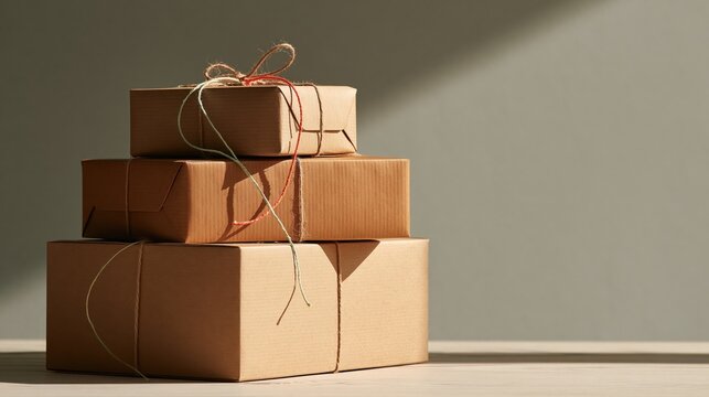 Stack of three brown paper wrapped gifts tied with twine on a wooden floor