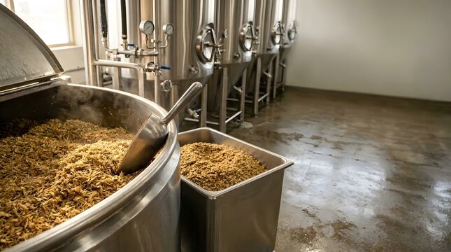 Open stainless mash tun with a bed of wet, spent barley husks, a stainless shovel, and a food-grade bin
