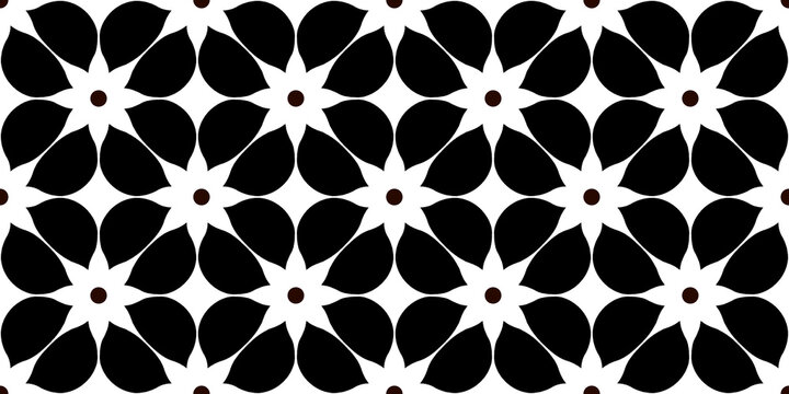 Monochrome floral pattern design, black and white geometric flower motif background, seamless abstract ornament wallpaper
