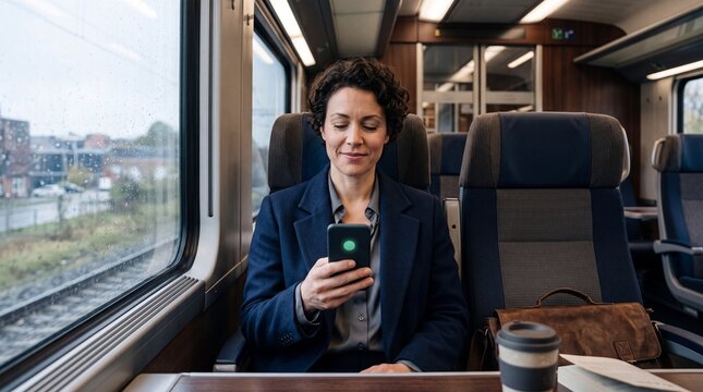 Woman on Train Relieved by Smartphone Notification