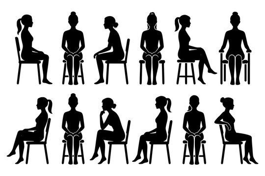 Set of woman sitting on chair silhouettes in various poses and postures &ndash; design for ergonomics infographics, posture improvement guides, and seating catalog charts. Transparent PNG version.