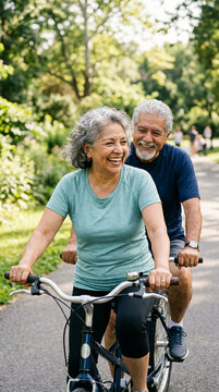 Happy senior Hispanic couple riding a tandem bicycle together through a lush green city park on a sunny summer day, enjoying active retirement.