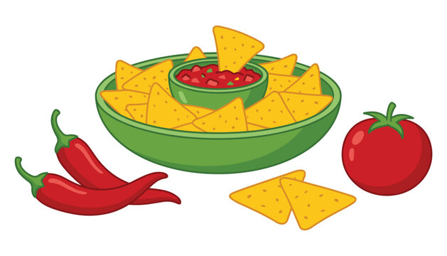 Mexican nachos corn tortilla chips bowl vector illustration with spicy tomato salsa sauce dipping and red chili peppers isolated
