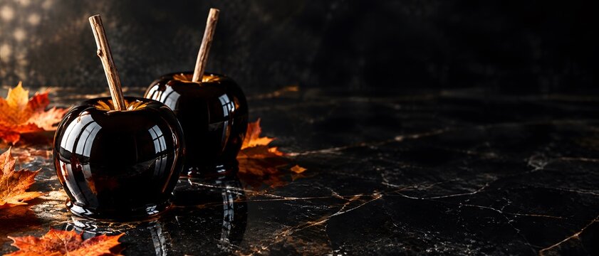 Panoramic view of luxury black candy caramel apples with wooden sticks on black marble table with gold veins near autumn maple leaves, Halloween gourmet food banner with copy space