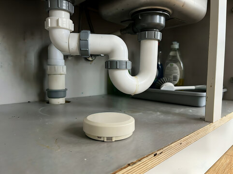 Smart home water leak detector placed under kitchen sink plumbing with plumbing