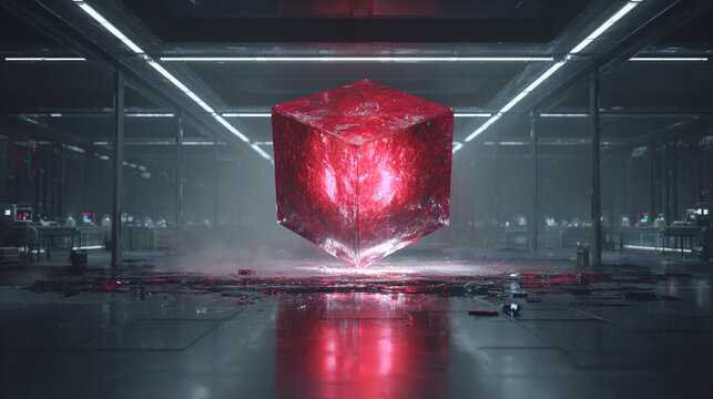 Glowing red translucent crystalline cube levitating in midair with sharp geometric edges and vibrant energy pulses