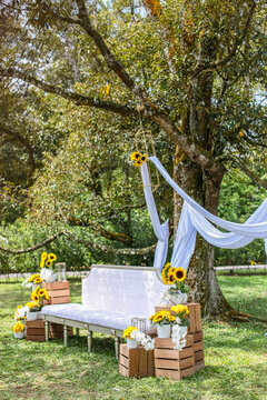 Outdoor Sunflower Wedding Pelamin Stage Setup