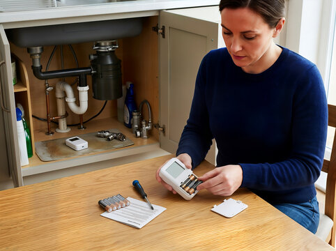 Woman inserting batteries into smart water leak detector in kitchen
