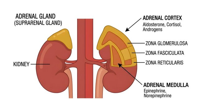 Adrenal Gland and Kidney Anatomy Diagram Showing Cortex and Medulla Layers.