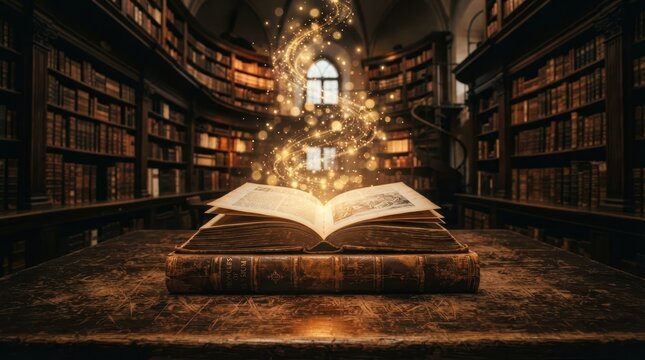 Ancient manuscript open on large wooden desk inside historic university library