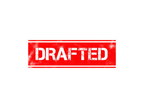 A red rectangular rubber stamp icon with the word drafted written in white distressed capital letters on a solid black background isolated on a transparent background