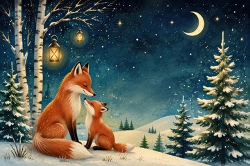 Fototapeta premium Whimsical fox family beneath a crescent moon in snowy forest
