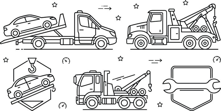 Tow Truck and Roadside Assistance Vector Icon Set with Wrecker Service Badges and Car Repair Elements
