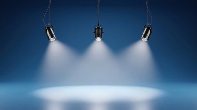 Three Black Hanging Spotlights Illuminating Empty Blue Stage with Copy Space, Studio Lighting Background