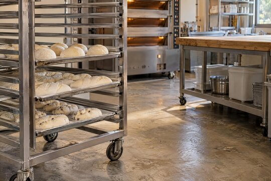 Bread loaves on a rack in a small Japanese bakery