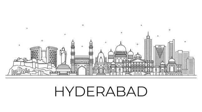 Hyderabad city skyline line art illustration with landmarks.