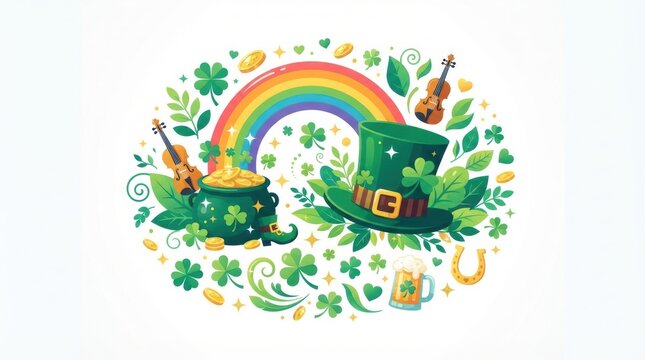 Festive St. Patrick's Day Illustration with Rainbow Shamrock Pot and Instruments
